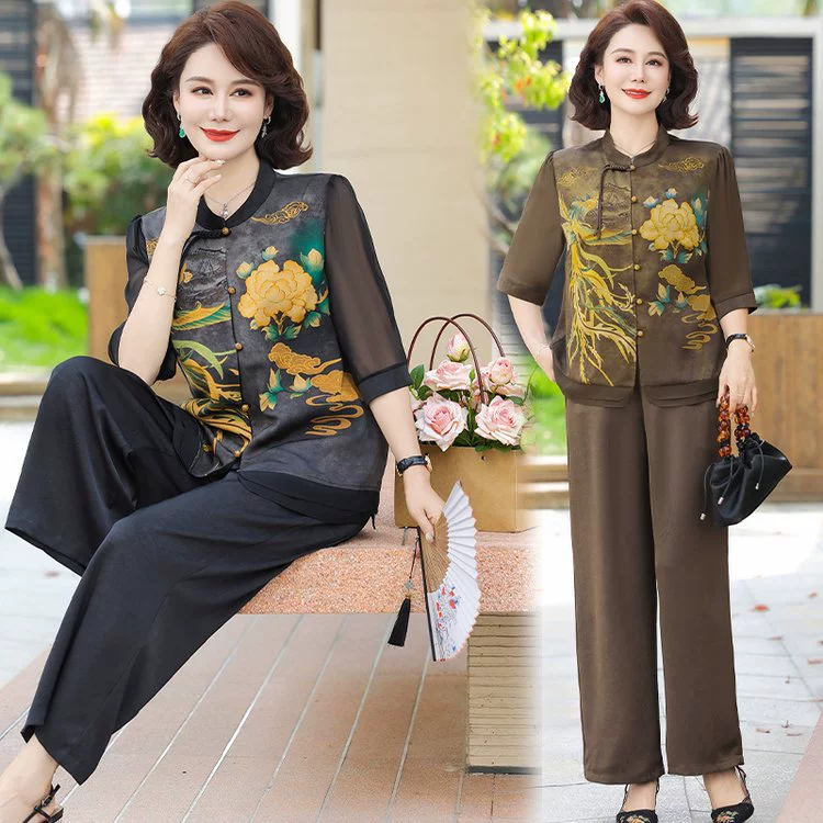 Летний костюм в китайском стиле для женщин средних лет, 2025 года, новый, с топом на три четверти рукава и широкой шифоновой футболкой, комплект из двух предметов