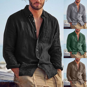 Solid casual lapel cardigan cotton linen loose fitting retro men's shirt