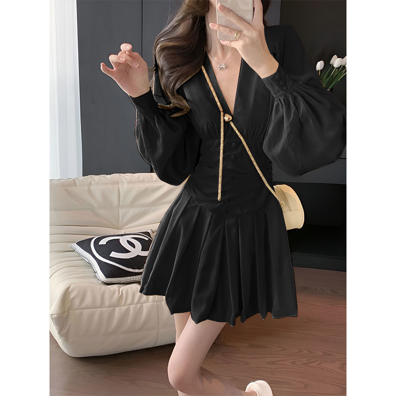 Women's Chiffon V-Neck Lantern Sleeve Mini Dress