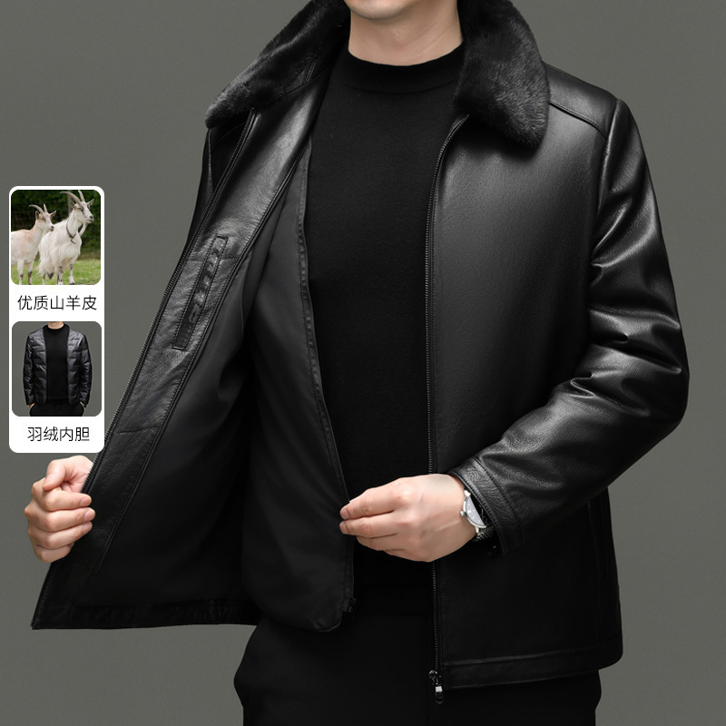 Haining Genuine Leather Jacket for Men, Made of Top-Layer Goat Leather with Mink Fur Collar, Turn-Down Collar, Dad-Style, Down-Lined Leather Coat Haining Genuine Leather Jacket for Men, Made of Top-Layer Goat Leather with Mink Fur Collar, Turn-Down Collar, Dad-Style, Down-Lined Leather Coat
