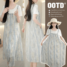 夏季背带冰丝连衣裙2024时尚简约新款遮肉显瘦宽松洋气假两件裙子