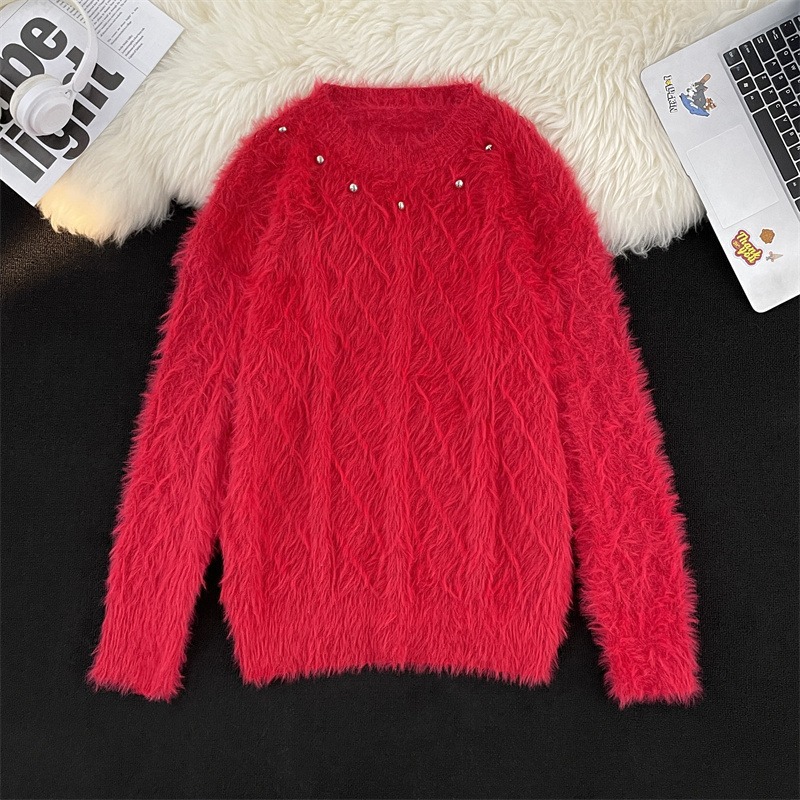 Men's Clothing mink sweater button flower design beaded high weight knitted sweater furry pullover lazy trend men_voghion.com