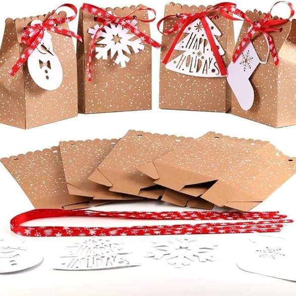 圣诞节牛皮纸礼品袋 24个圣诞纸袋 带标签和丝带 派对糖果甜点盒