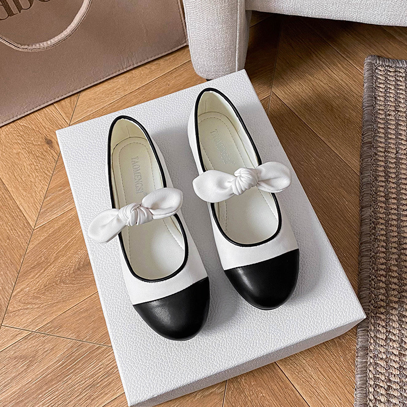 666-19 Grape Mom with Bow Stitching Round Head Sheepskin Joker Age-reducing Shallow Mouth Mary Jane Shoes Women's Spring