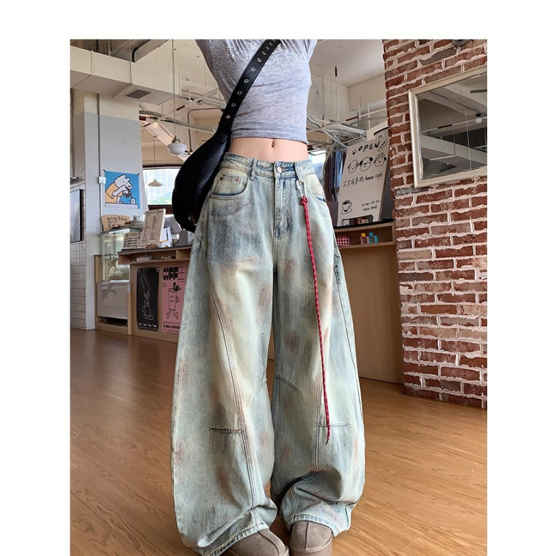 美式复古脏染弯刀裤牛仔裤女秋季设计感工装高腰宽松阔腿镰刀裤子|undefined