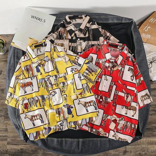 Men's Summer Short Sleeve Collared Shirt, Ins Retro Funny Headprint Personality Print Streetwear Korean Style Loose Collared Shirt