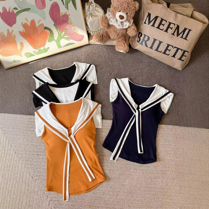 Korean-Style Faux Two-Piece Shawl Tie-Up Knit Vest for Women, Summer Pure Desire Style, Slim Fit, Slimming, Navy Collar Top Korean-Style Faux Two-Piece Shawl Tie-Up Knit Vest for Women, Summer Pure Desire Style, Slim Fit, Slimming, Navy Collar Top