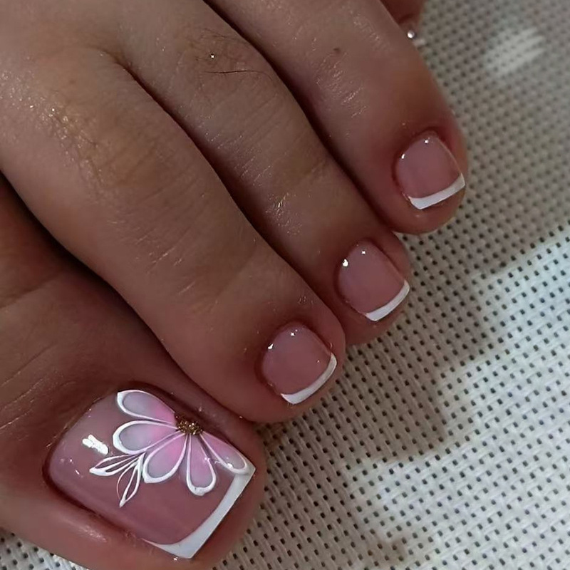 Spring and Summer Toenail False Nail Pieces 24 White French Pink Gradient Flower Design Wear Nail Pieces