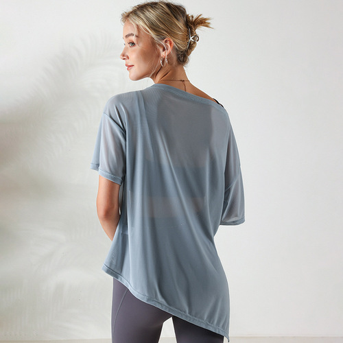 Airun's new one-word collar loose ice silk feel breathable large size yoga short-sleeved top women's sports fitness T-shirt
