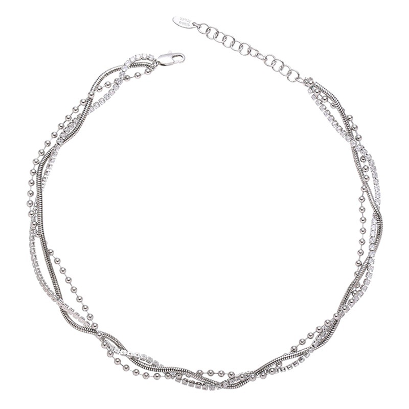Latón chapado en platino moda europea y americana luz lujo serpiente hueso cadena cuentas redondas tres capas apiladas zircon cadena collar de bobinado para las mujeres