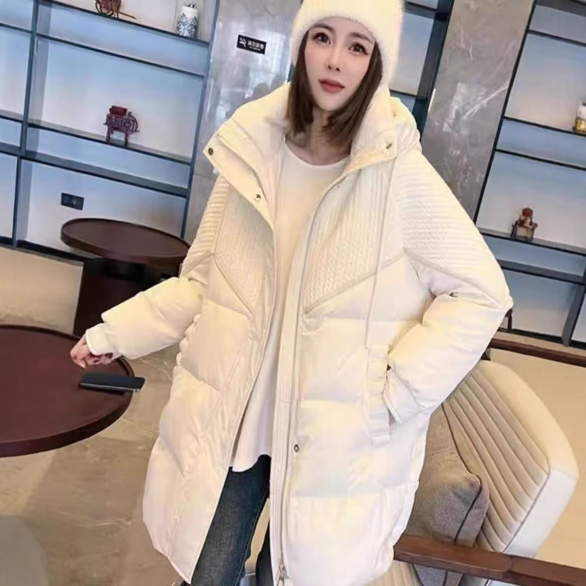 Winter keep warm knitted down jacket for leisure with hood