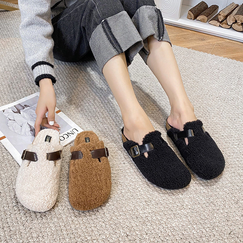 Dép nửa gót bít mũi lông xù kiểu Birkenstock cổ điển cho nữ, mũi tròn — Màu nâu, Màu trắng sữa, Màu đen