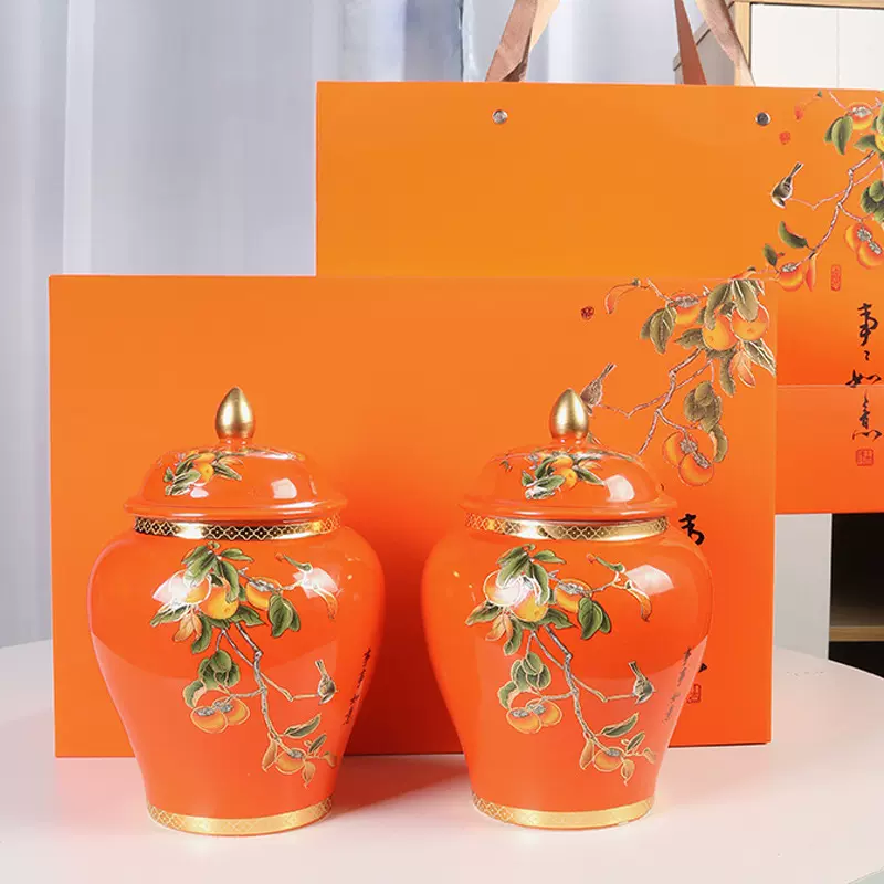 柿柿如意将军罐陶瓷茶叶罐密封罐金骏眉绿茶醒茶罐茶饼红茶