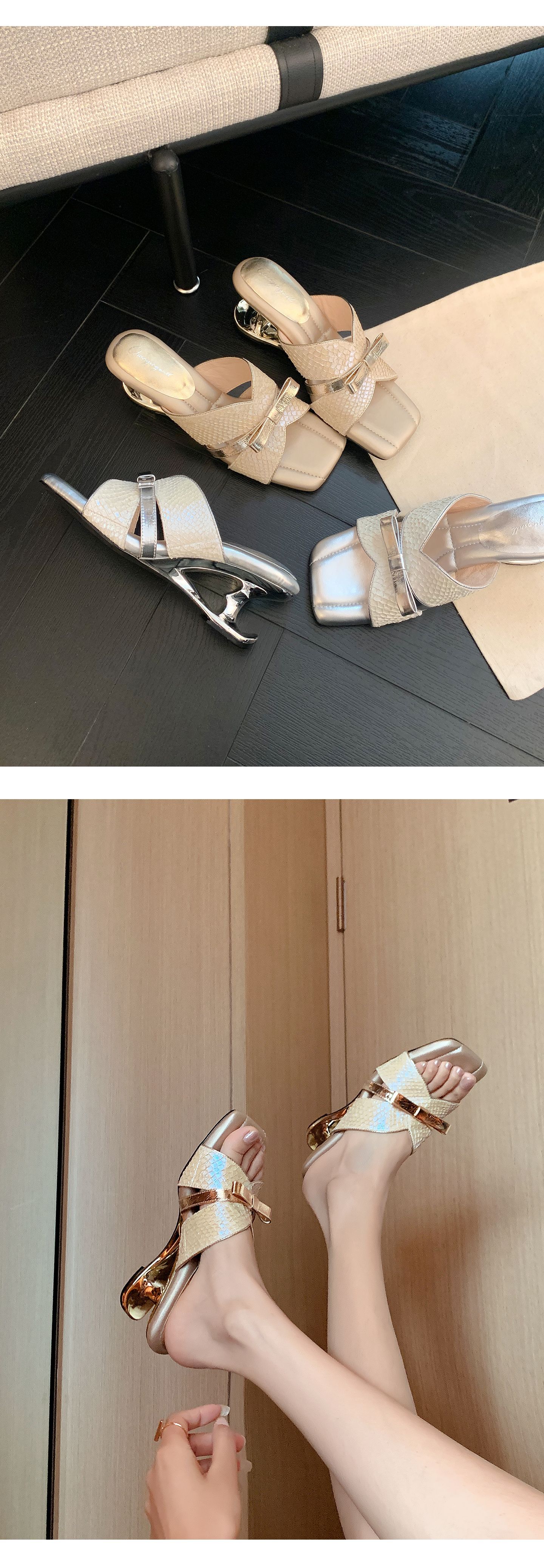 Sandal cao gót nữ mũi vuông hở ngón, quai ngang nơ bướm, đế xuồng êm chân — màu vàng, bạc chi tiết 12