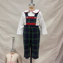 跨境秋冬儿童衬衫背带裤套装欧美童装圣诞节娃娃领上衣格子礼服