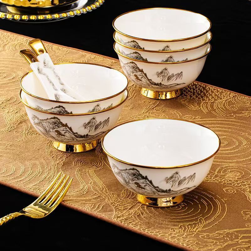 Light Luxury Home-Use 2025 New Model High-Footed Bone China Bowl Tableware Rice Bowl Dishware Ceramic Set