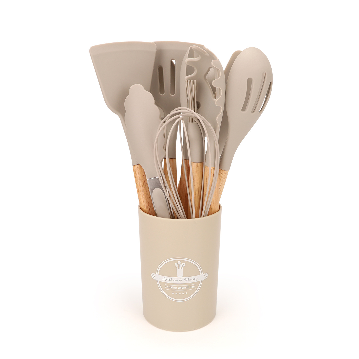 En stock cocina sartén antiadherente barril de almacenamiento mango de madera utensilios de cocina de silicona mango de madera ligera 12 piezas sartén antiadherente pala cuchara traje