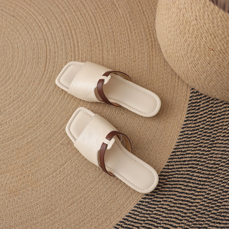 Dép sandal nữ xỏ ngón đế bệt phối màu hở mũi thời trang — màu trắng ngà, màu mơ chi tiết 81