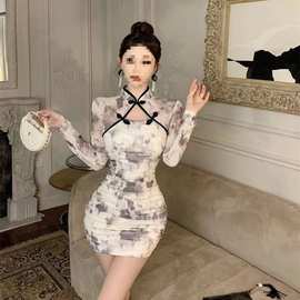 花色名媛秋冬新款性感夜店旗袍褶皱镂空网布修身显瘦包臀连衣裙女