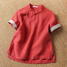 ~新中式复古红色立领盘扣衬衫女短袖禅意棉亚麻茶服上衣蓝色其他