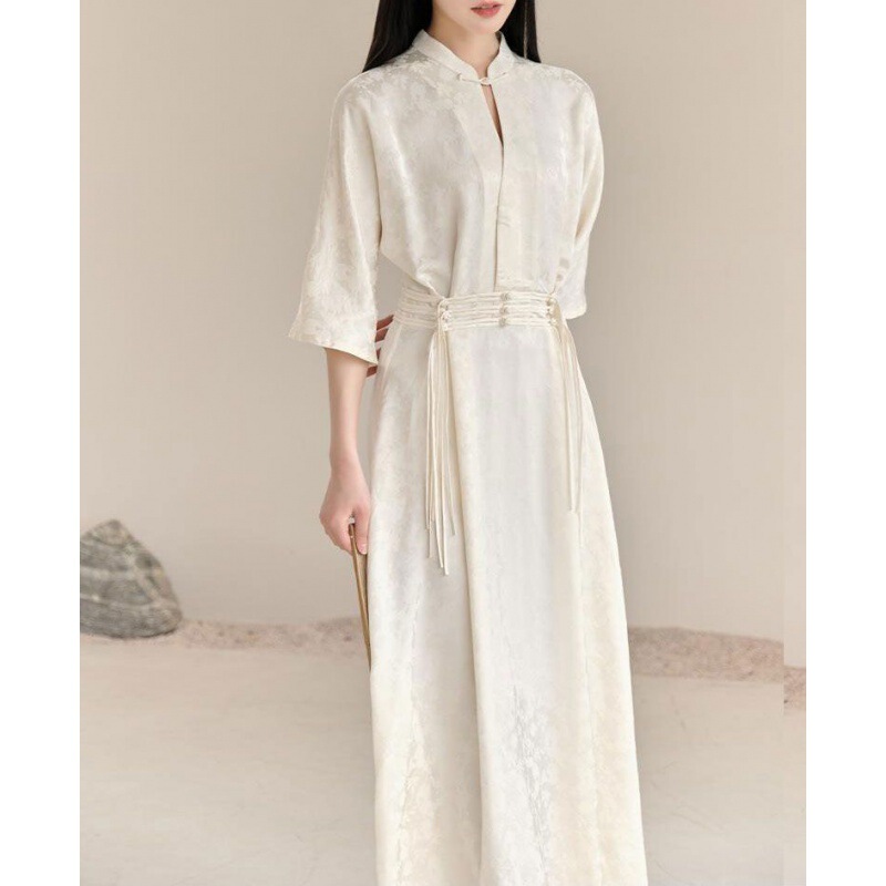 New Chinese-Style National Style Dress with Button Closure, Elegant and Zen-Like, 2025 Summer New Model, Improved Waist-Cinching, Versatile and Elegant Long Dress