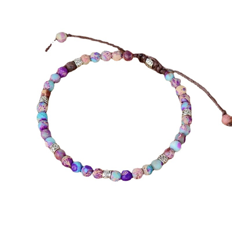 [Small Wholesale] Cross-border New 4MM Purple Flower Emperor Stone Bracelet Simple Alloy Beads Adjustable Bracelet