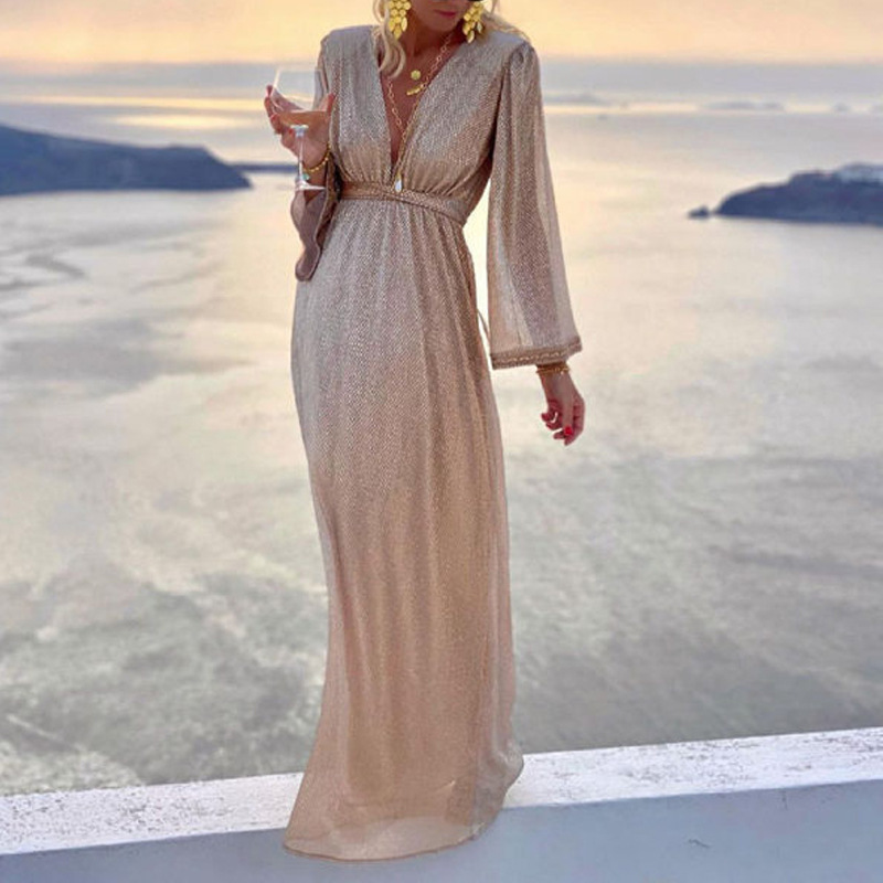 2022 European and American Clothing Dress Ready-Made Cross-Border Amazon Apricot Fashion V Neck Long-Sleeved Sequin Dress