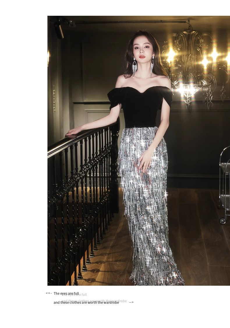 Đầm dạ hội nữ trễ vai đính sequin phong cách Pháp — Màu hình ảnh mẫu dài chi tiết 16