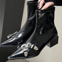 复古的流行秋冬女法式短靴新款时尚小众年瘦瘦靴裸靴秋冬季尖头小