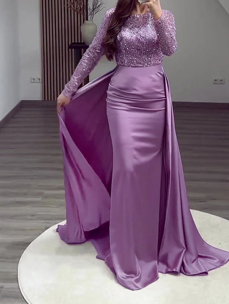 Women's Elegant Sequined Evening Gown Long Sleeved Banquet Dress American Style Fashion For Annual Meeting Host Queen Aura_ecoleips.com