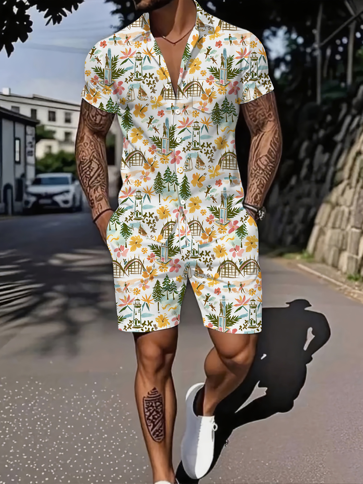 Ensemble deux pièces pour homme : chemise à manches courtes respirante et ample, imprimé lettres, style décontracté idéal pour l'été._voghion.com
