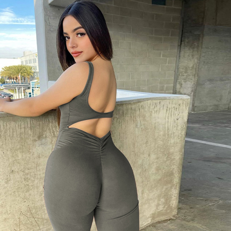 Women Clothing Summer Solid Color Slim Fit Backless Sleeveless Shoulder Strap Jumpsuit