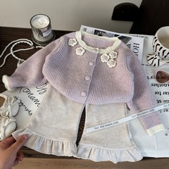 韩版童装2025新款秋季女童花朵毛衣开衫儿童百搭针织喇叭裤两件套