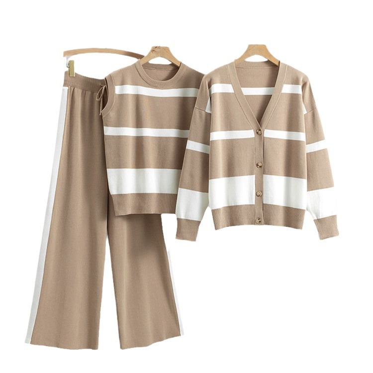 Women's Clothing temperament fashion loose knitted cardigan jacket + vest + wide leg pants lazy style three piece set_voghion.com