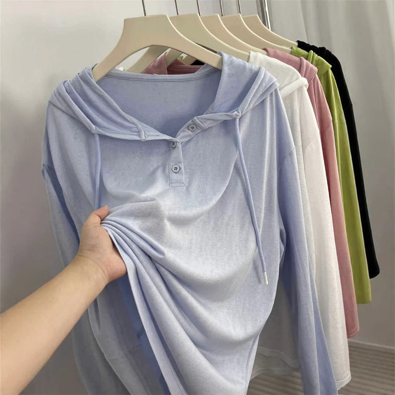 Lazy Light Cool Ice Silk Hooded Sunscreen Long-sleeved T-shirt Women's Summer Korean-style Loose Casual Air Conditioning Pullover Blouse