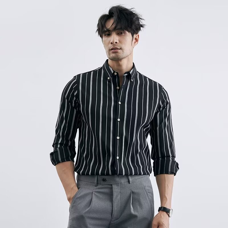 Spring New Men's Shirt Striped Business Print Long Sleeve Casual Shirt Men's Fashion Formal Lapel Shirt