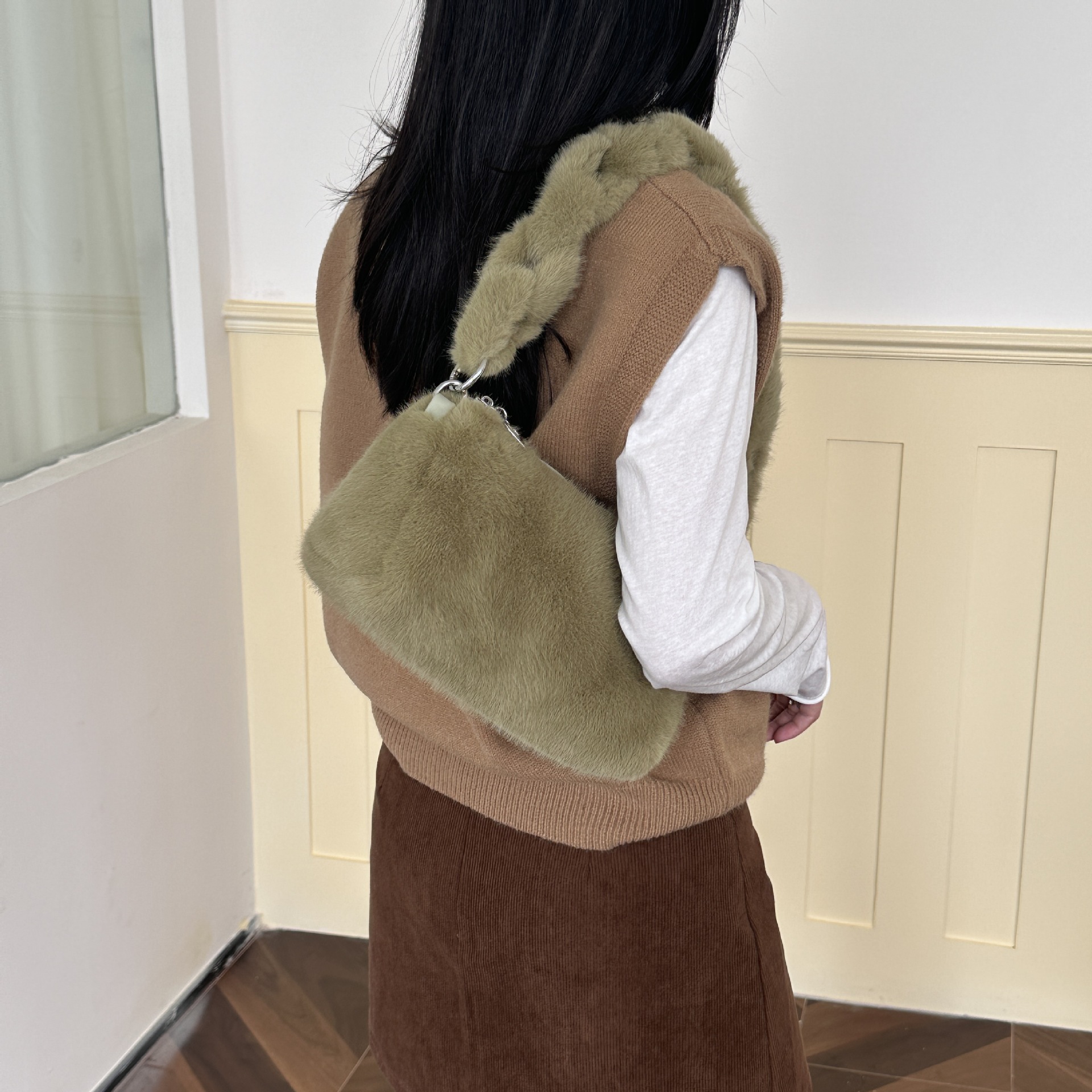 Bolso cuadrado pequeño con cremallera, lindo bolso de ins casual, todo fósforo, ligero, diseño de nicho, bolso de hombro diagonal de felpa de otoño