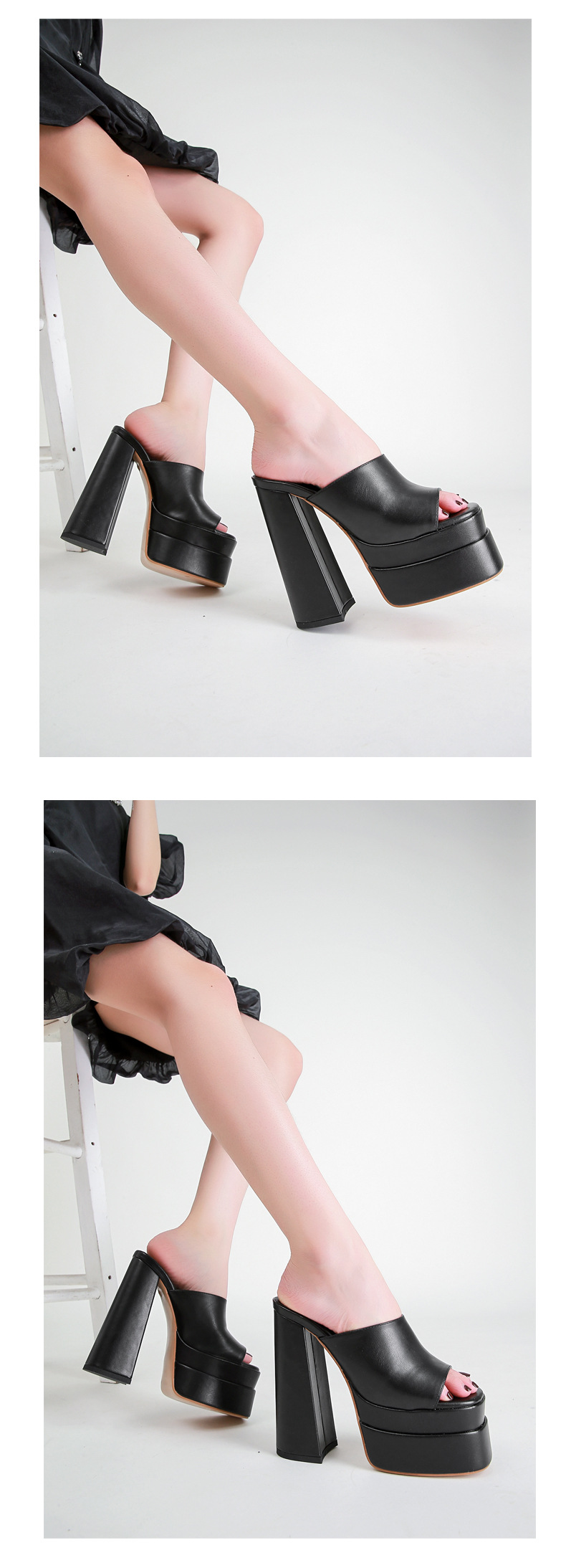 Sandal nữ quai chữ V gót thô đế bệt phong cách xuân hè — Màu đen chi tiết 10