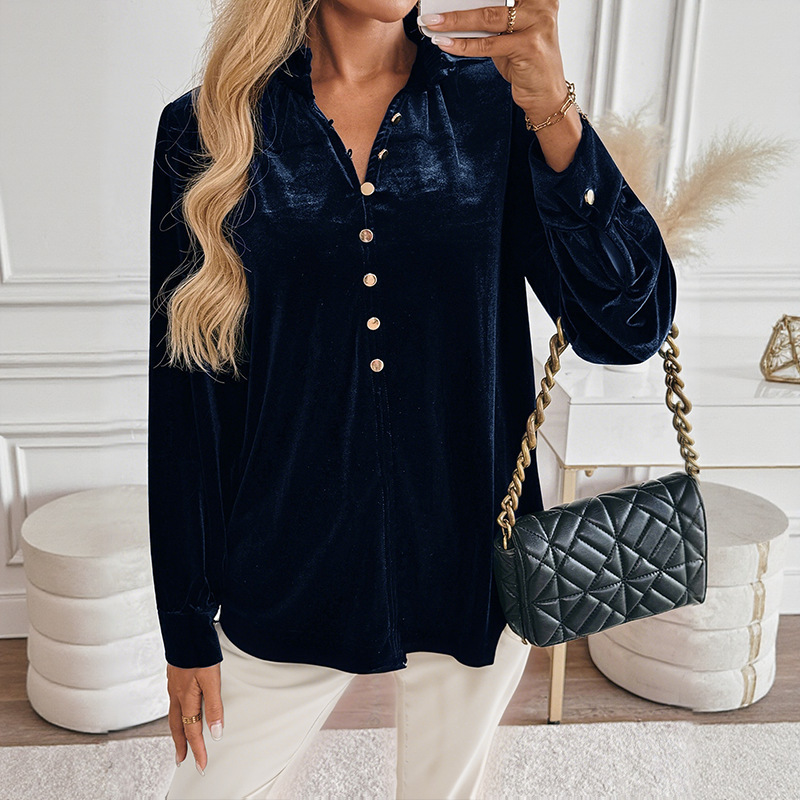 European and American Cross-Border Style Velvet V-Neck Shirt 2026 Autumn and Winter Tiktok Hot-Selling Solid Color Casual Long-Sleeved Shirt for Women European and American Cross-Border Style Velvet V-Neck Shirt 2026 Autumn and Winter Tiktok Hot-Selling Solid Color Casual Long-Sleeved Shirt for Women