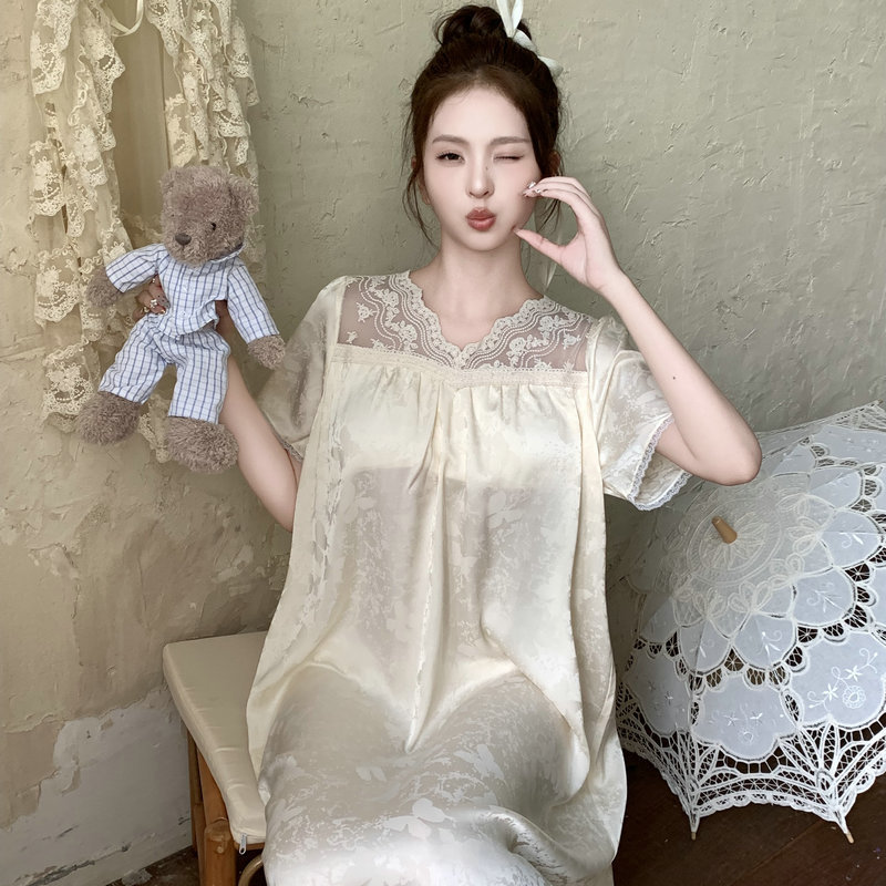 Summer Butterfly Mid-length Sweet Style Nightgown New Short-sleeved Lace Home Clothes for Outer Wear Slimming dress Summer Butterfly Mid-length Sweet Style Nightgown New Short-sleeved Lace Home Clothes for Outer Wear Slimming dress