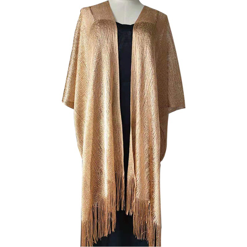 European and American-style cross-border gold silk split shawl women's thin dinner dress decorative tassel hollow sunscreen scarf