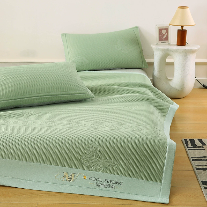 Summer popular silk mat ice bean mat three-piece set jacquard small ice bear series cold bean machine washable soft mat