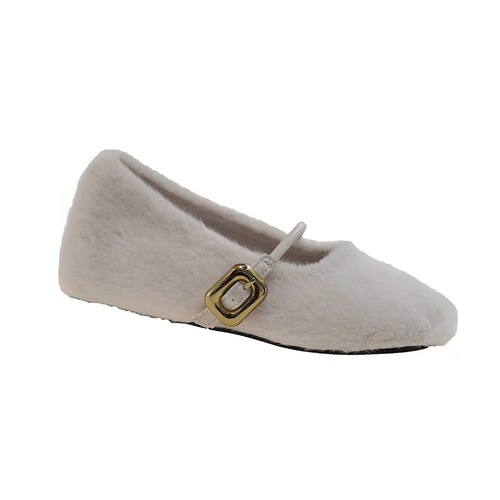 Flat Mary Jane Plush Booties with One Strap, Low-top Square Button Winter Fleece Women's Shoes with Thick Sole