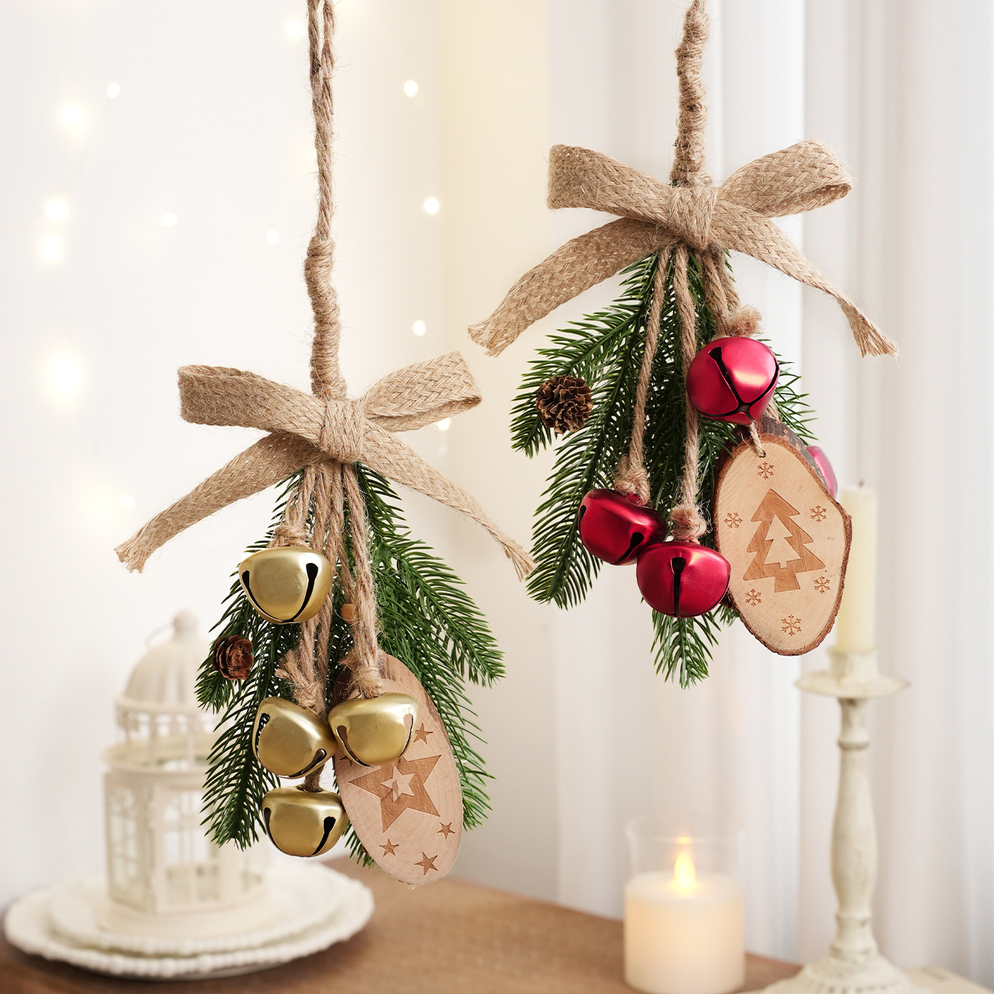 Colgante de Navidad campana pequeña cuerda de cáñamo arco decoración árbol de Navidad pinos ramas de madera escenas de diseño suministros