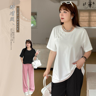 W1131 Xuanchen simple style buckle short sleeve T-shirt fat MM200 kg early summer New Round Neck National style loose top