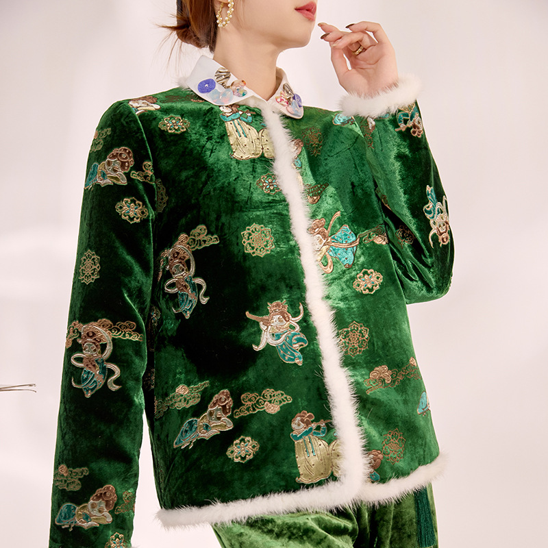 Chinese Mink Fur Embroidery Jackets Cotton Padded Women Coats