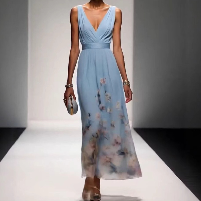 2025 European and American Fashion Amazon Independent Station Dress Elegant V-Neck Cross-Border Dress Evening Dress Sleeveless