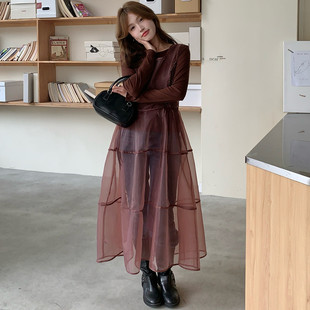 韓系ins氛圍感透視蕾絲歐根紗蓬蓬連衣裙+修身長袖T恤套裝2色