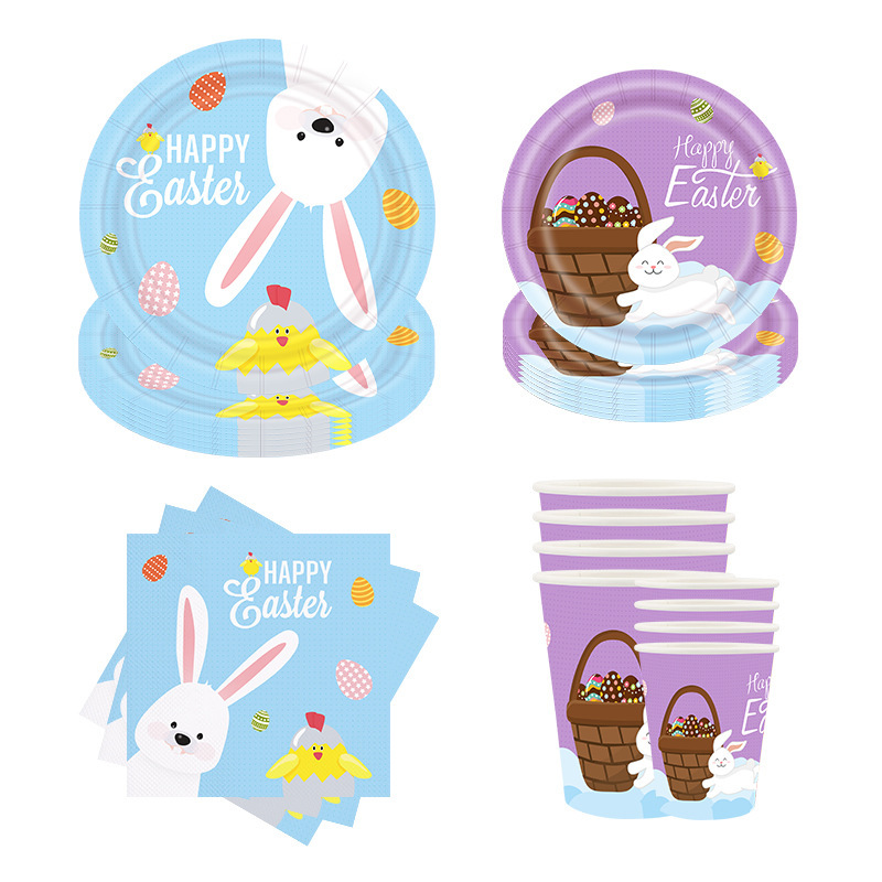 New Easter theme party paper plate decoration supplies rabbit colorful egg disposable paper cup tissue tableware suit