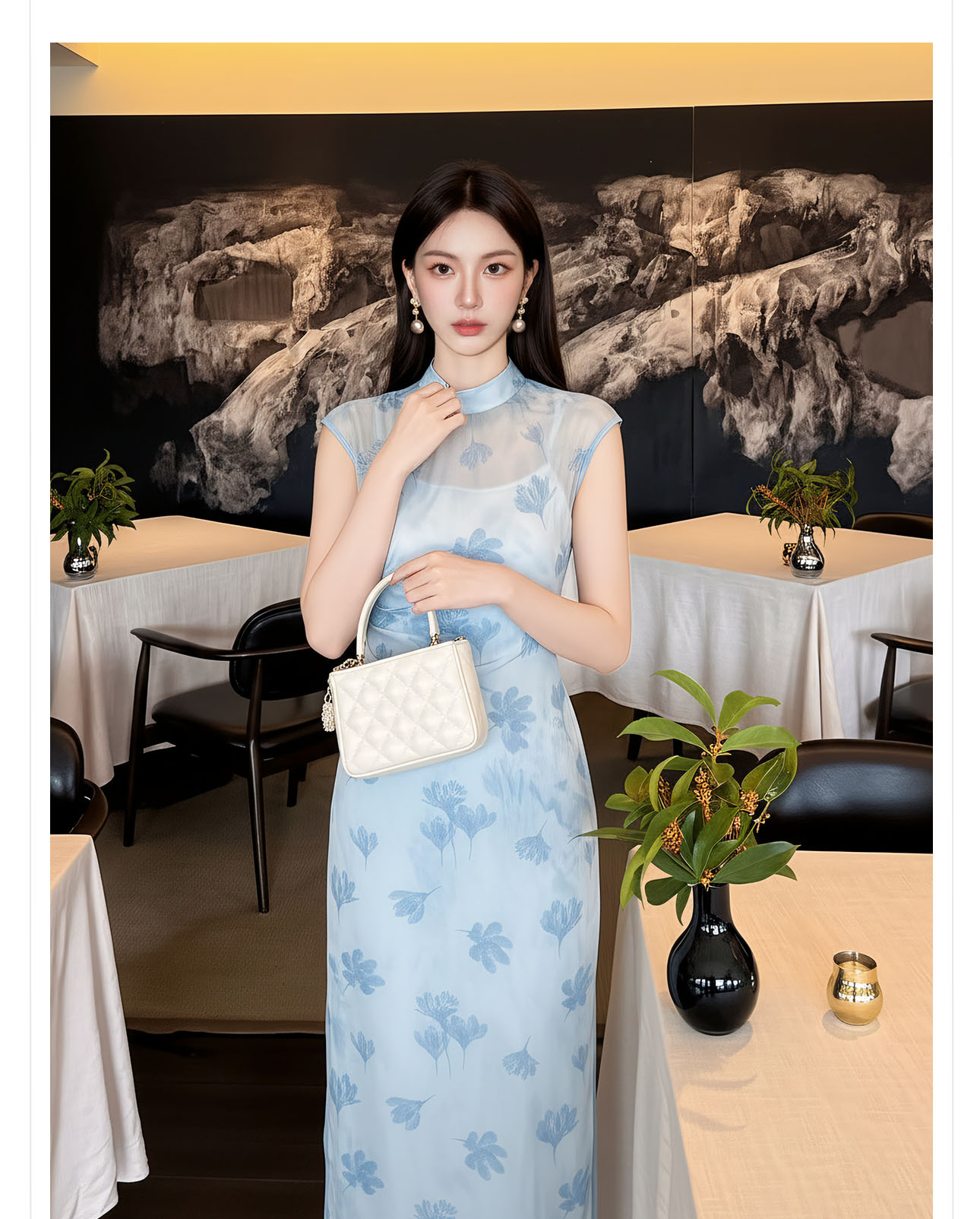 Đầm maxi nữ thắt eo phong cách tân cổ điển, chất liệu nhung tăm, thiết kế cổ yếm kết hợp ren, tay lỡ, dáng suông nhẹ, phù hợp mùa xuân hè — xanh lam chi tiết 3